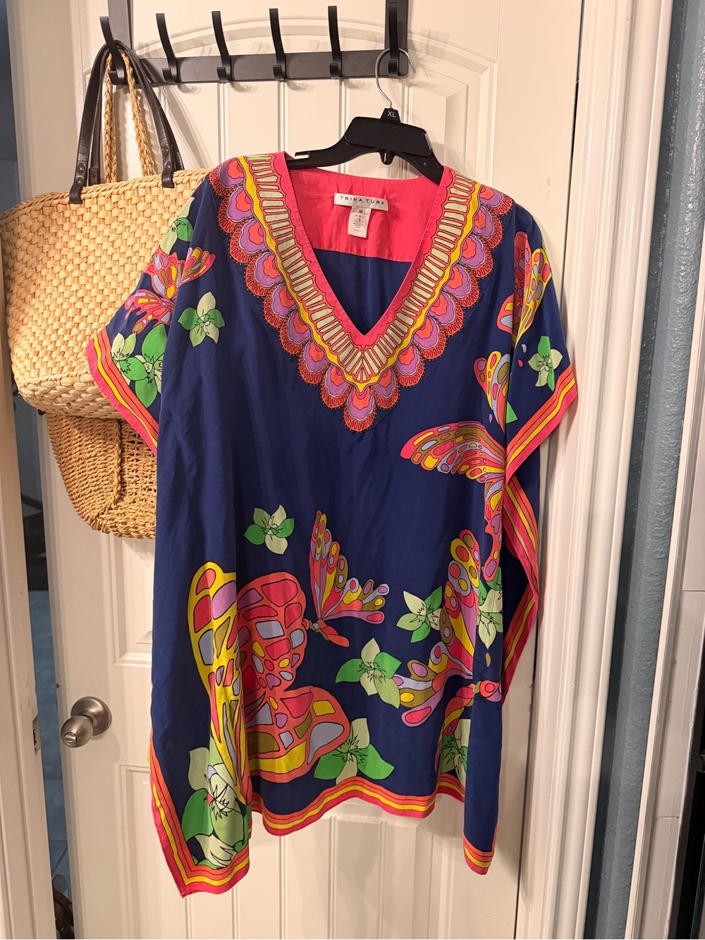 Trina Turk Navy Multicolor Floral & Butterfly V-Neck Tunic